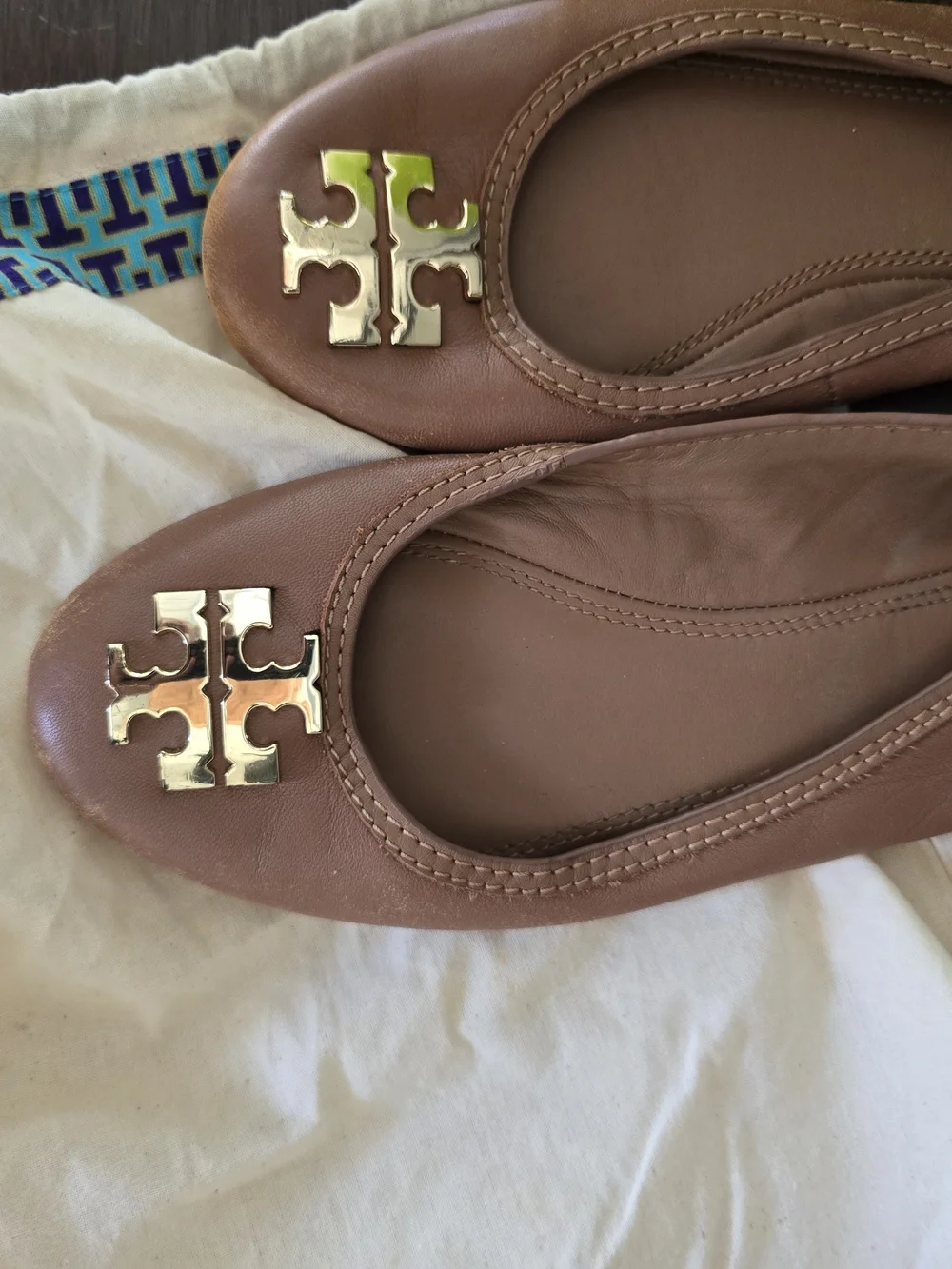 Tory Burch Taupe Leather Logo Ballet Flats